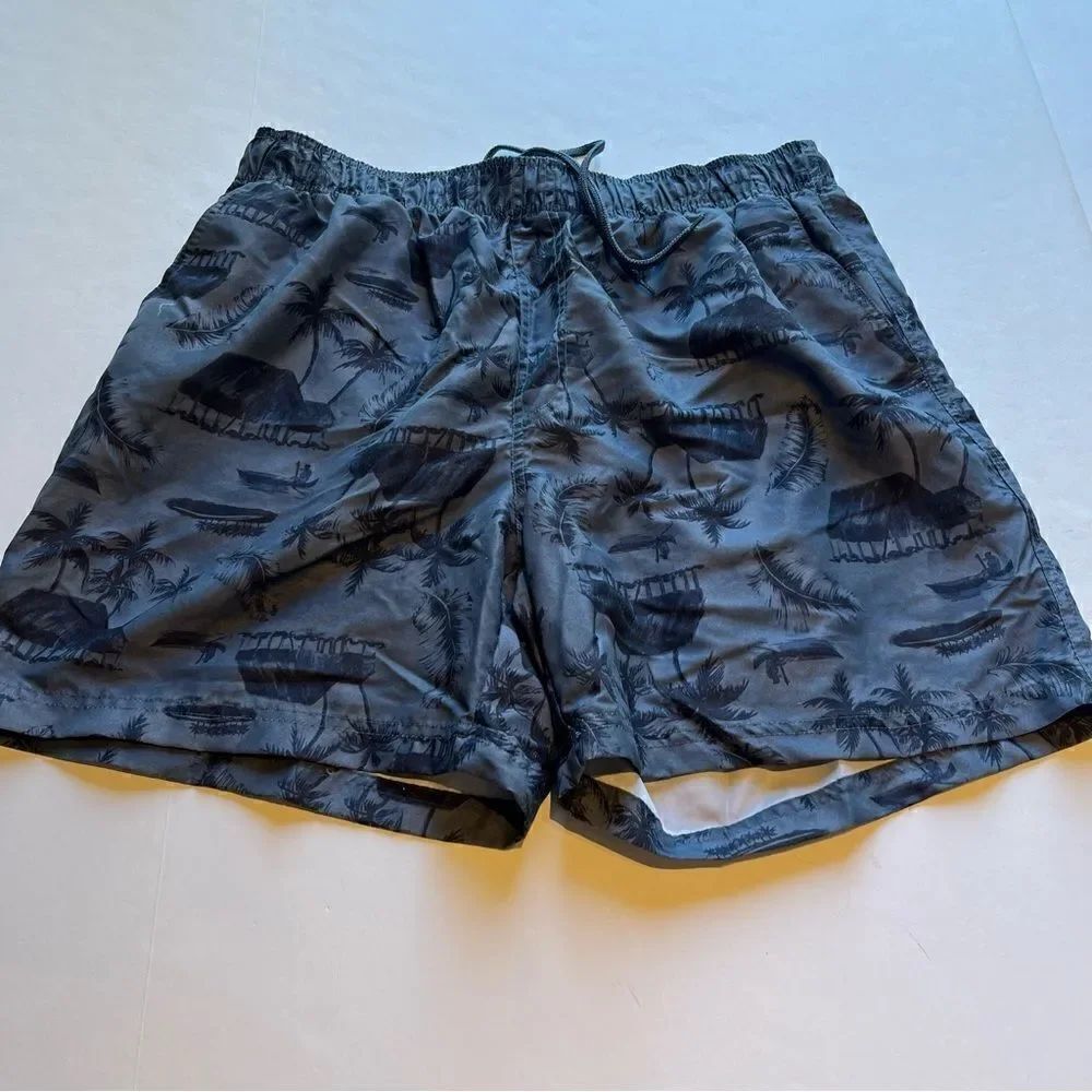 OP Men's Swim Trunks Navy/Steel Blue Tropical Design Size Large(36-38)